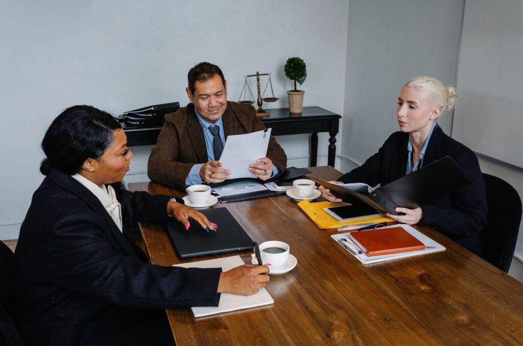 Colleagues in the middle of a meeting.